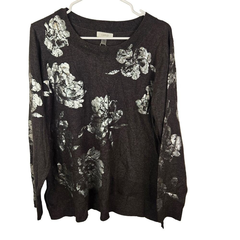 Cupio Metallic Floral Long Sleeve Sweater Women's 1X Dark Gray Silver Pullover